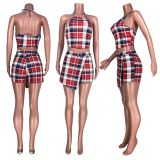 Red Plaid Print Halter Crop Top Shorts Two Piece Sets HHF-9026