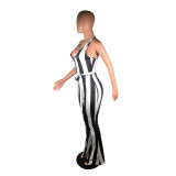 Sexy Fashion Halter Backless Striped Flare Jumpsuit With Belt BS-1205