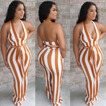 Sexy Fashion Halter Backless Striped Flare Jumpsuit With Belt BS-1205