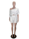 Fashion Striped Loose Short Sleeve Shorts Two Piece Set MX-1135