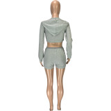 Solid Long Sleeve Hooded Zipper Two Piece Shorts Set MEI-9099