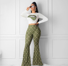 Lips Print Long Sleeve Flared Pants Two Piece Sets YIM-8064