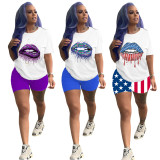 Plus Size Lips Print Casual Two Piece Shorts Set YD-0025