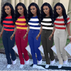 Casual Striped Short Sleeve Stacked Pants 2 Piece Sets TK-6101