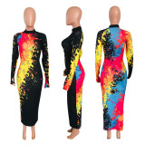 Plus Size 4XL Graffiti Print Long Sleeve Maxi Dress NIK-150