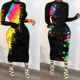 Plus Size 4XL Graffiti Print Long Sleeve Maxi Dress NIK-150