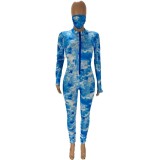 Long Sleeve Tie-dyed Sports Casual Long Jumpsuit With Mask AWN-5101
