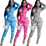 Long Sleeve Tie-dyed Sports Casual Long Jumpsuit With Mask AWN-5101