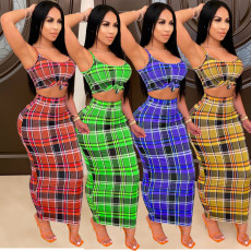 Plaid Print Spaghetti Strap Maxi Skirt Two Piece Sets HM-6335