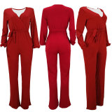 Casual V Neck Long Sleeve Sashes Jumpsuits HM-6333