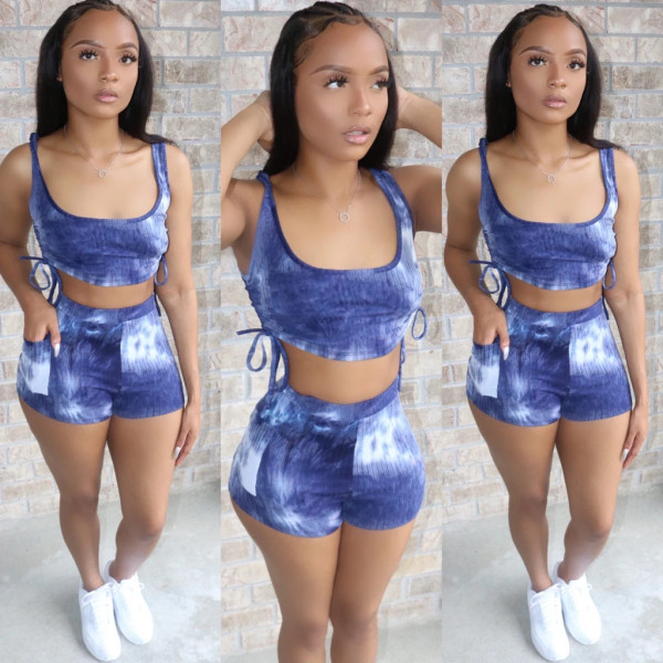 Tie Dye Rib Tank Tops Shorts Fitness 2 Piece Sets BS-1213