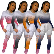 Gradient Long Sleeve Hole Stacked Pants 2 Piece Sets BLX-7517