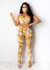 Sexy Printed Sleeveless Lace Up 2 Piece Pants Set With Mask LSL-6363