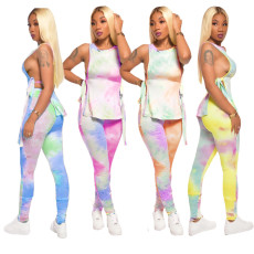 Tie Dye Sleeveless Ruched Lace Up 2 Piece Pants Set TR-1060