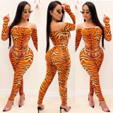 Sports Fashion Off Shoulder Long Sleeve Tigers Pattern Bodysuit+Long Pants Set YFS-102