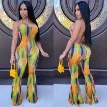 Sexy Tie Dye Strappy Backless Boot Cut Jumpsuits CHY-1248