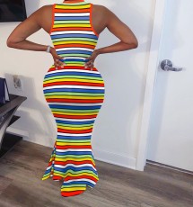 Rainbow Stripe Sleeveless Slim Maxi Dress QZX-6144