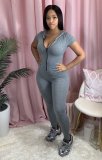 Solid Hooded Zipper Skinny One Piece Jumpsuits YM-9223