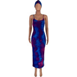 Plus Size Tie Dye Long Slip Dress With Headscarf FNN-8515