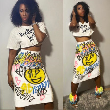Graffiti Print Short Sleeve Split Midi Skirt 2 Piece Sets AWF-0006
