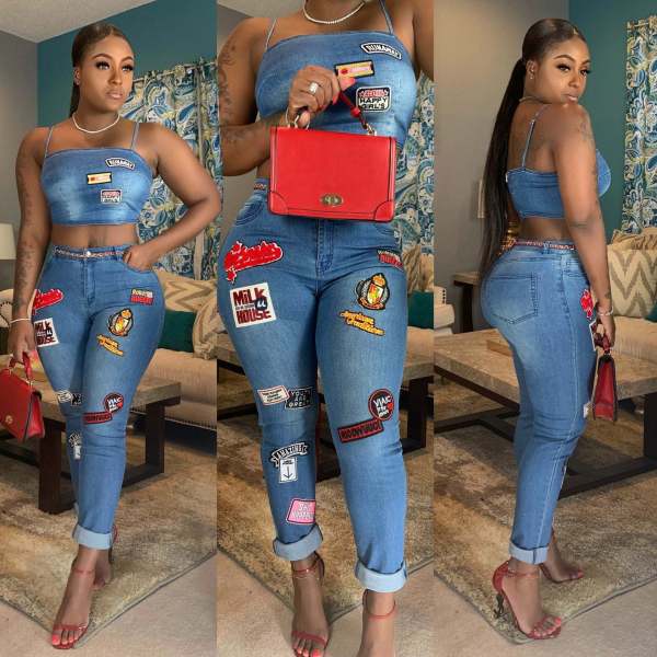 Casual Sexy Cartoon Patch Spaghetti Straps Crop Top Jeans Pants Suit OSM-3283