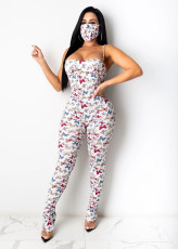 Butterfly Print Spaghetti Strap Jumpsuits With Mask SHA-6158
