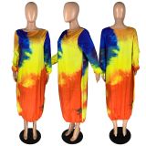 Plus Size 4XL Tie Dye Long Sleeve Loose Maxi Dress YFS-3537