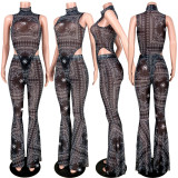 Sexy Mesh Printed Bodysuit Flared Pants 2 Piece Sets ASL-6290