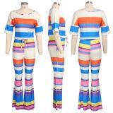 Colorful Striped Short Sleeve Flared Pants 2 Piece Sets SMR-9636