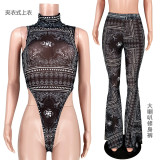 Sexy Mesh Printed Bodysuit Flared Pants 2 Piece Sets ASL-6290