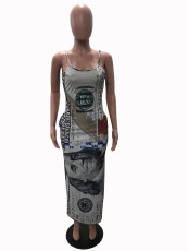 Plus Size Dollar Print Sleeveless Slip Maxi Dress SHA-6164