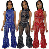 Sexy Mesh Printed Bodysuit Flared Pants 2 Piece Sets ASL-6290