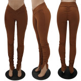 Solid Ruched Split Skinny Long Pants QY-5200
