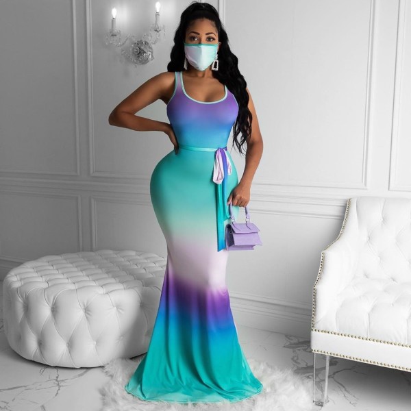 Gradient Sleeveless Sashes Maxi Dress Without Mask MK-3015