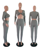Solid Long Sleeve V Neck Yoga 2 Piece Pants Set GLF-8010