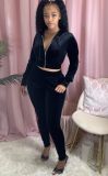 Casual Velvet Hooded Zipper Two Piece Pants Suits FNN-8520