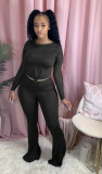 Plus Size Solid Long Sleeve Flare Pants 2 Piece Sets FNN-8519