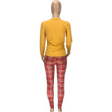 Fashion Trend Cartoon Long Sleeve Top Plaid Printed Pants Set MEI-9105