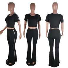 Black Casual T Shirt Flared Pants Two Piece Sets BLI-2116