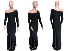 Black Long Sleeve Off Shoulder Ruffled Maxi Dress QZX-6152