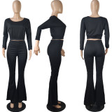 Solid Batwing Sleeve Tops Flared Pants 2 Piece Sets MIL-154