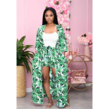 Plus Size Printed Long Coat And Shorts 2 Piece Sets CQ-050