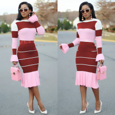 Stripe Patchwork Long Sleeve Midi Skirt 2 Piece Sets BN-9116