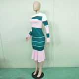 Stripe Patchwork Long Sleeve Midi Skirt 2 Piece Sets BN-9116
