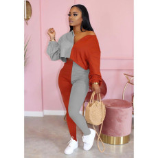 Plus Size Contast Color Long Sleeve Two Piece Pants Set FNN-8522