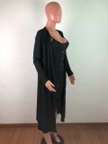 Solid Rib Long Cardigan+Midi Slip Dress 2 Piece Sets OSM-4211