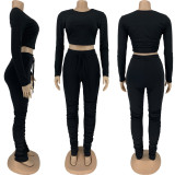Solid Long Sleeve Stacked Pants Two Piece Sets FNN-8523