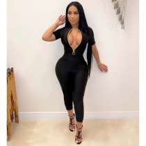 Sexy Black Short Sleeve Zipper Skinny Jumpsuits BLI-2129