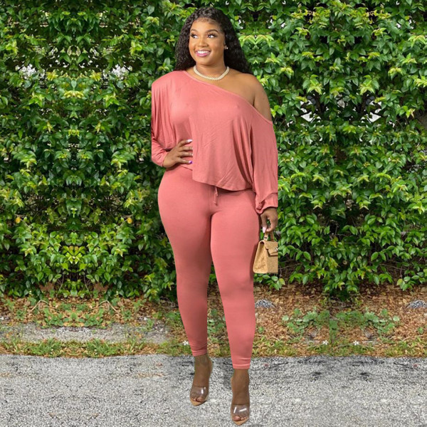Plus Size Solid Long Sleeve Two Piece Pants Set WAF-7050