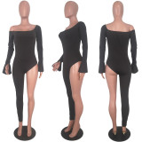Black Asymmetry Off Shoulder Long Sleeve Jumpsuits YIY-5122